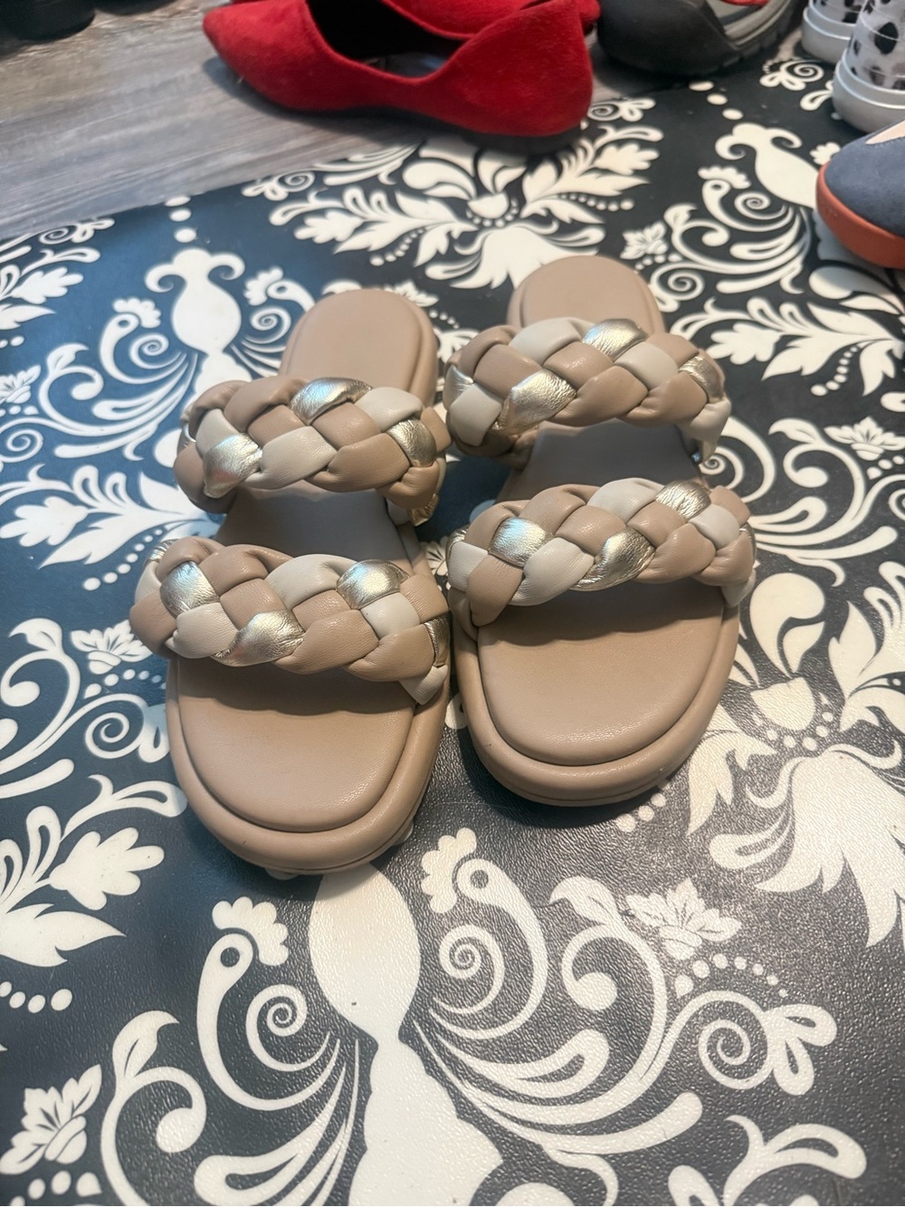 Braided Double-Strap Slide Sandals in Taupe with Silver Accents